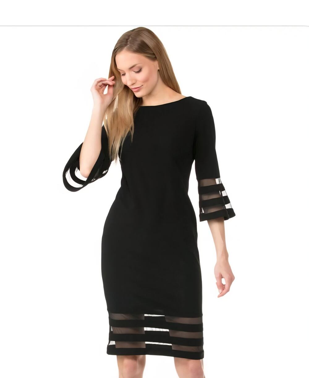 Calvin Klein Sheath Dress Black 6 Bell Sleeves Mesh Illusion Trim Scoop Neck